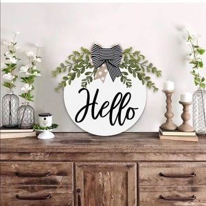 Hello Wooden Door Sign Decor with Greenery Burlap Bowknot, 12 inches